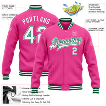 Load image into Gallery viewer, Custom Pink White-Kelly Green Bomber Full-Snap Varsity Letterman Jacket
