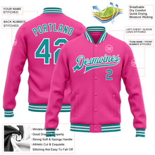 Load image into Gallery viewer, Custom Pink Teal-White Bomber Full-Snap Varsity Letterman Jacket
