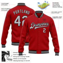 Load image into Gallery viewer, Custom Red Gray-Black Bomber Full-Snap Varsity Letterman Jacket
