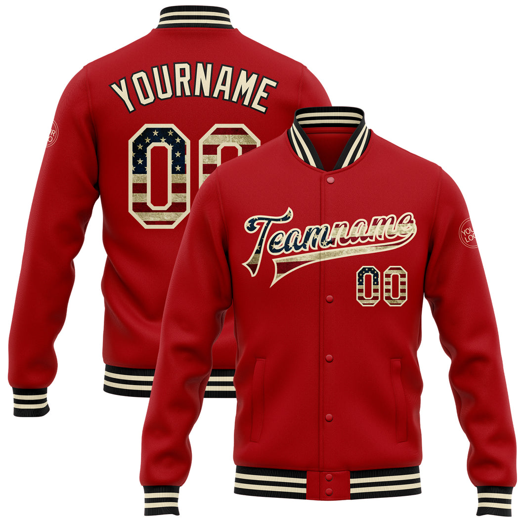 Custom Red Vintage USA Flag Cream-Black Bomber Full-Snap Varsity Letterman Jacket