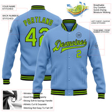 Load image into Gallery viewer, Custom Light Blue Neon Green-Black Bomber Full-Snap Varsity Letterman Jacket
