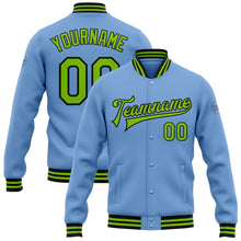 Load image into Gallery viewer, Custom Light Blue Neon Green-Black Bomber Full-Snap Varsity Letterman Jacket
