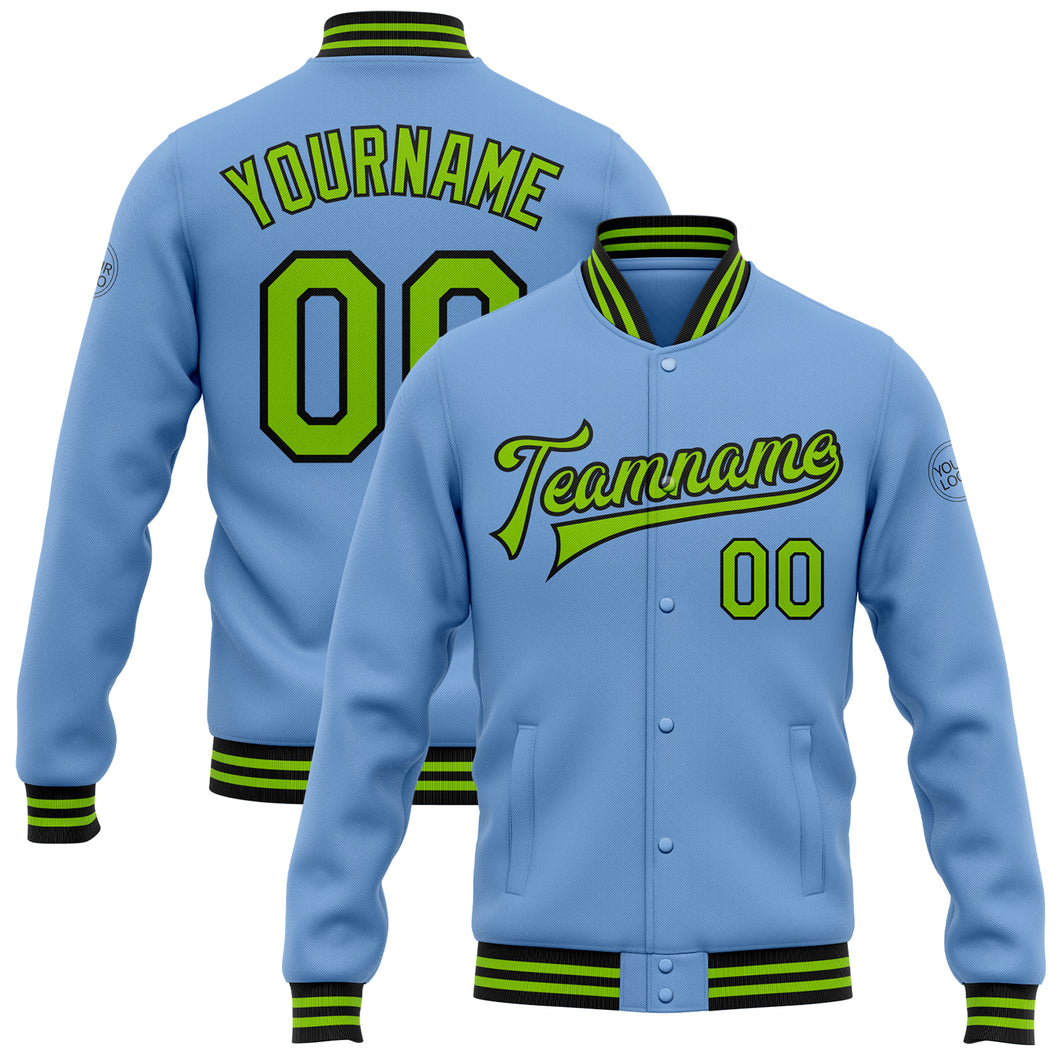 Custom Light Blue Neon Green-Black Bomber Full-Snap Varsity Letterman Jacket