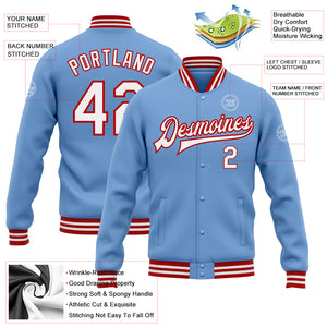 Custom Light Blue White-Red Bomber Full-Snap Varsity Letterman Jacket