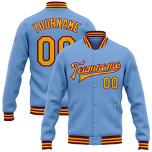 Load image into Gallery viewer, Custom Light Blue Gold-Crimson Bomber Full-Snap Varsity Letterman Jacket
