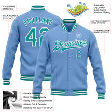 Load image into Gallery viewer, Custom Light Blue Teal-White Bomber Full-Snap Varsity Letterman Jacket
