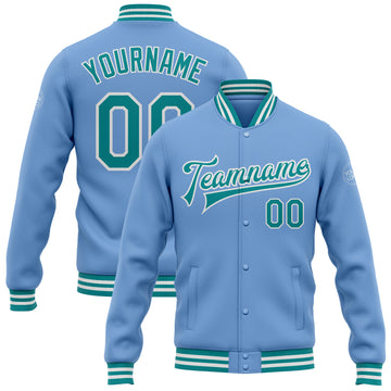 Custom Light Blue Teal-White Bomber Full-Snap Varsity Letterman Jacket