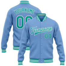 Load image into Gallery viewer, Custom Light Blue Aqua-White Bomber Full-Snap Varsity Letterman Jacket
