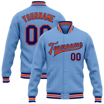 Custom Light Blue Royal-Orange Bomber Full-Snap Varsity Letterman Jacket