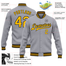 Load image into Gallery viewer, Custom Gray Gold-Black Bomber Full-Snap Varsity Letterman Jacket
