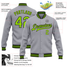 Load image into Gallery viewer, Custom Gray Neon Green-Black Bomber Full-Snap Varsity Letterman Jacket
