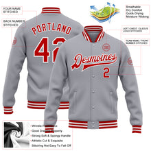 Load image into Gallery viewer, Custom Gray Red-White Bomber Full-Snap Varsity Letterman Jacket
