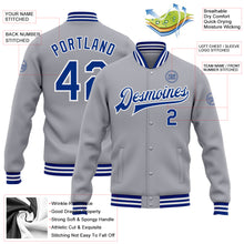 Load image into Gallery viewer, Custom Gray Royal-White Bomber Full-Snap Varsity Letterman Jacket
