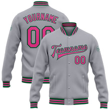 Load image into Gallery viewer, Custom Gray Pink-Kelly Green Bomber Full-Snap Varsity Letterman Jacket
