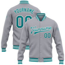 Load image into Gallery viewer, Custom Gray Teal-White Bomber Full-Snap Varsity Letterman Jacket
