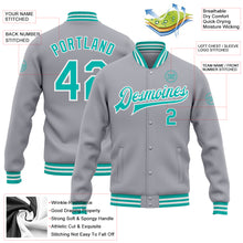 Load image into Gallery viewer, Custom Gray Aqua-White Bomber Full-Snap Varsity Letterman Jacket
