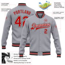 Load image into Gallery viewer, Custom Gray Red-Black Bomber Full-Snap Varsity Letterman Jacket
