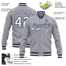 Load image into Gallery viewer, Custom Gray White-Navy Bomber Full-Snap Varsity Letterman Jacket
