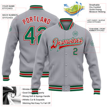 Load image into Gallery viewer, Custom Gray Kelly Green-Red Bomber Full-Snap Varsity Letterman Jacket
