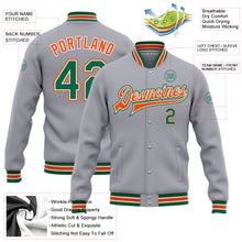 Load image into Gallery viewer, Custom Gray Kelly Green-Orange Bomber Full-Snap Varsity Letterman Jacket
