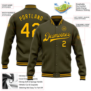 Custom Olive Gold-Black Bomber Full-Snap Varsity Letterman Salute To Service Jacket