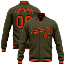 Load image into Gallery viewer, Custom Olive Orange-Black Bomber Full-Snap Varsity Letterman Salute To Service Jacket
