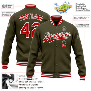 Custom Olive Red-White Bomber Full-Snap Varsity Letterman Salute To Service Jacket