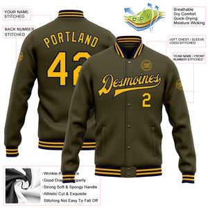 Custom Olive Gold-Navy Bomber Full-Snap Varsity Letterman Salute To Service Jacket