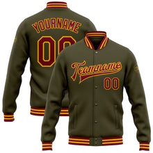 Load image into Gallery viewer, Custom Olive Crimson-Gold Bomber Full-Snap Varsity Letterman Salute To Service Jacket
