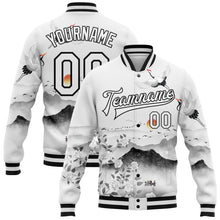 Load image into Gallery viewer, Custom White Black Heron And Flower 3D Pattern Design Bomber Full-Snap Varsity Letterman Jacket
