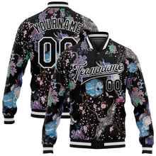 Load image into Gallery viewer, Custom Black White Heron And Flower 3D Pattern Design Bomber Full-Snap Varsity Letterman Jacket
