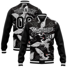 Load image into Gallery viewer, Custom Black White Heron And Cloud 3D Pattern Design Bomber Full-Snap Varsity Letterman Jacket
