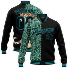 Load image into Gallery viewer, Custom Black Teal Tiger And Leopard Print 3D Pattern Design Bomber Full-Snap Varsity Letterman Jacket
