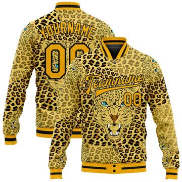 Custom Gold Black Leopard 3D Pattern Design Bomber Full-Snap Varsity Letterman Jacket