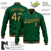 Load image into Gallery viewer, Custom Kelly Green Old Gold-Black Bomber Full-Snap Varsity Letterman Jacket
