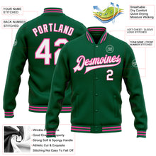 Load image into Gallery viewer, Custom Kelly Green White-Pink Bomber Full-Snap Varsity Letterman Jacket
