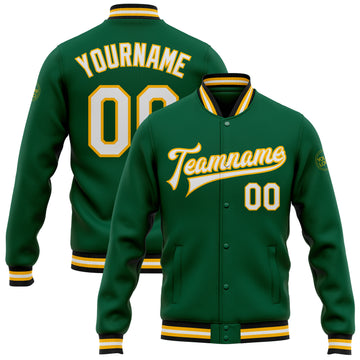 Custom Kelly Green White-Gold Bomber Full-Snap Varsity Letterman Jacket