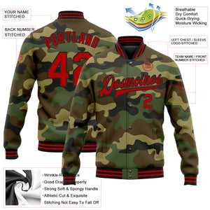 Custom Camo Red-Black Bomber Full-Snap Varsity Letterman Salute To Service Jacket