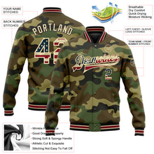 Load image into Gallery viewer, Custom Camo Vintage USA Flag City Cream Crimson-Black Bomber Full-Snap Varsity Letterman Salute To Service Jacket
