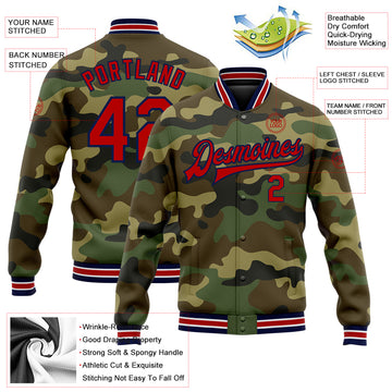 Custom Camo Red-Navy Bomber Full-Snap Varsity Letterman Salute To Service Jacket