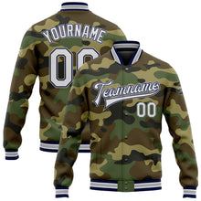 Load image into Gallery viewer, Custom Camo White Navy-Gray Bomber Full-Snap Varsity Letterman Salute To Service Jacket

