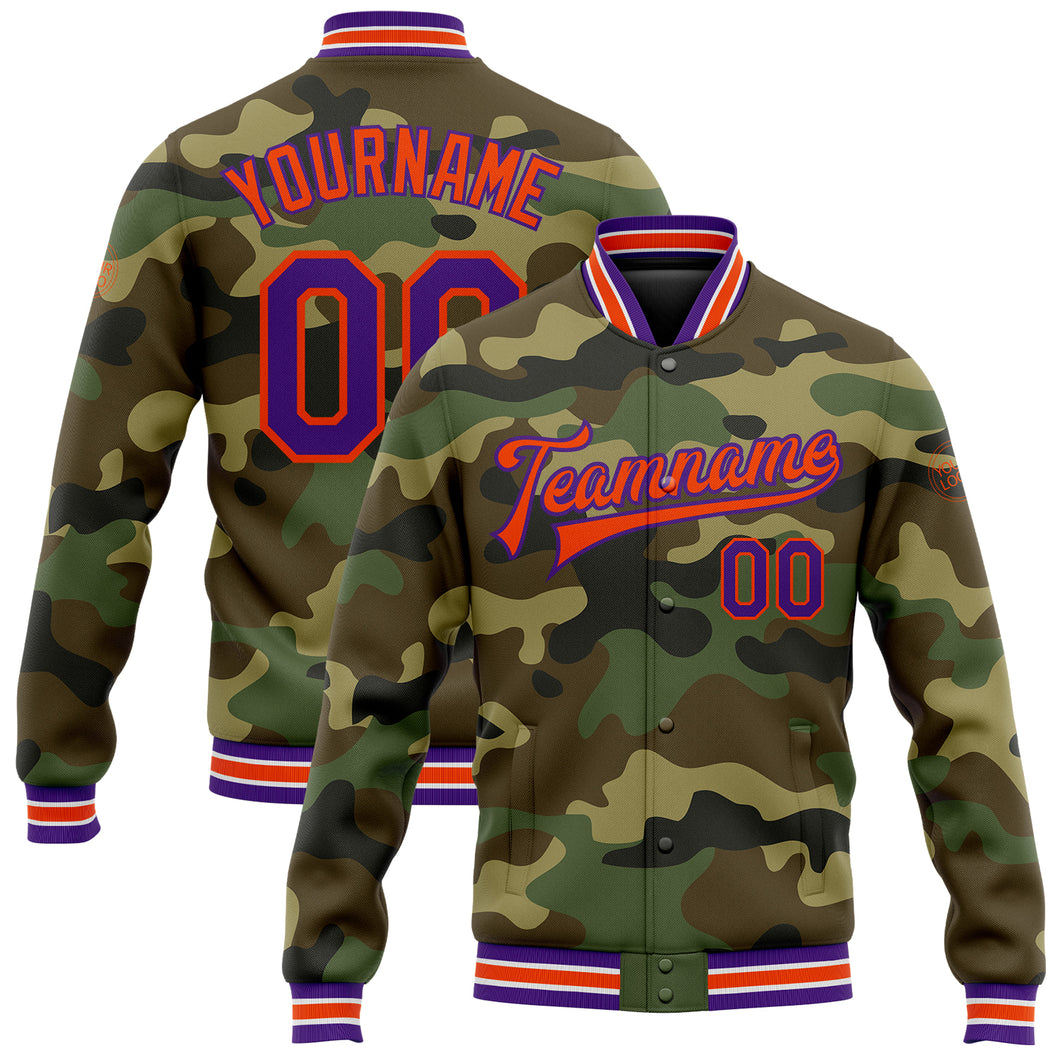 Custom Camo Purple-Orange Bomber Full-Snap Varsity Letterman Salute To Service Jacket