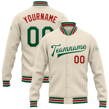 Custom Cream Kelly Green-Red Bomber Full-Snap Varsity Letterman Jacket