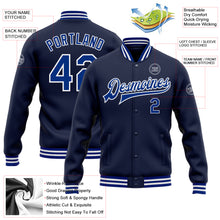 Load image into Gallery viewer, Custom Navy Royal-White Bomber Full-Snap Varsity Letterman Jacket
