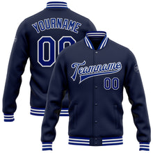 Load image into Gallery viewer, Custom Navy Royal-White Bomber Full-Snap Varsity Letterman Jacket
