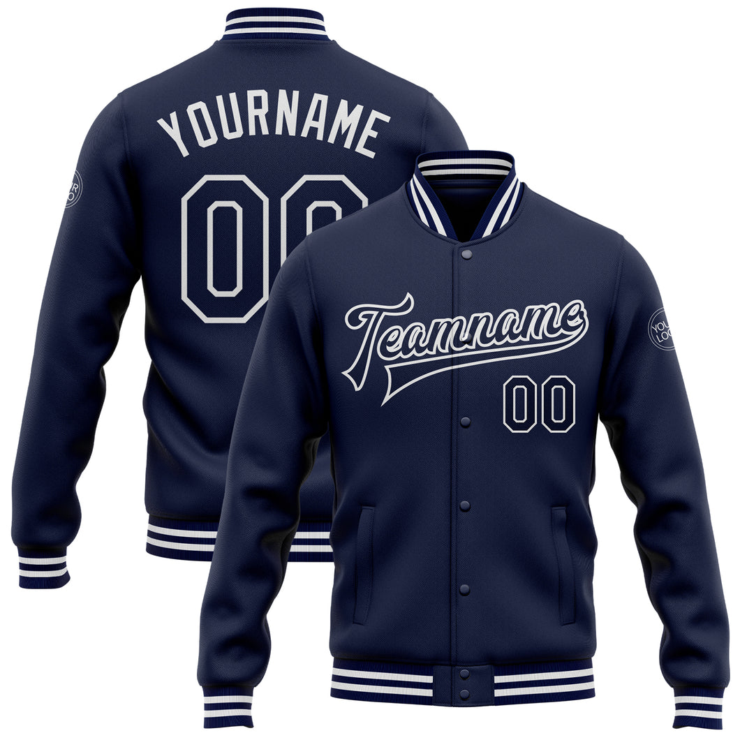 Custom Navy White Bomber Full-Snap Varsity Letterman Jacket