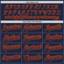 Load image into Gallery viewer, Custom Navy Orange Bomber Full-Snap Varsity Letterman Jacket
