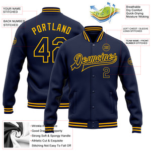 Custom Navy Gold Bomber Full-Snap Varsity Letterman Jacket