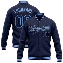 Load image into Gallery viewer, Custom Navy Light Blue Bomber Full-Snap Varsity Letterman Jacket
