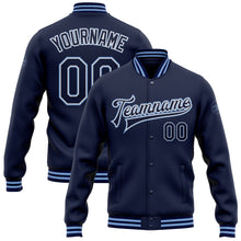 Load image into Gallery viewer, Custom Navy White-Light Blue Bomber Full-Snap Varsity Letterman Jacket
